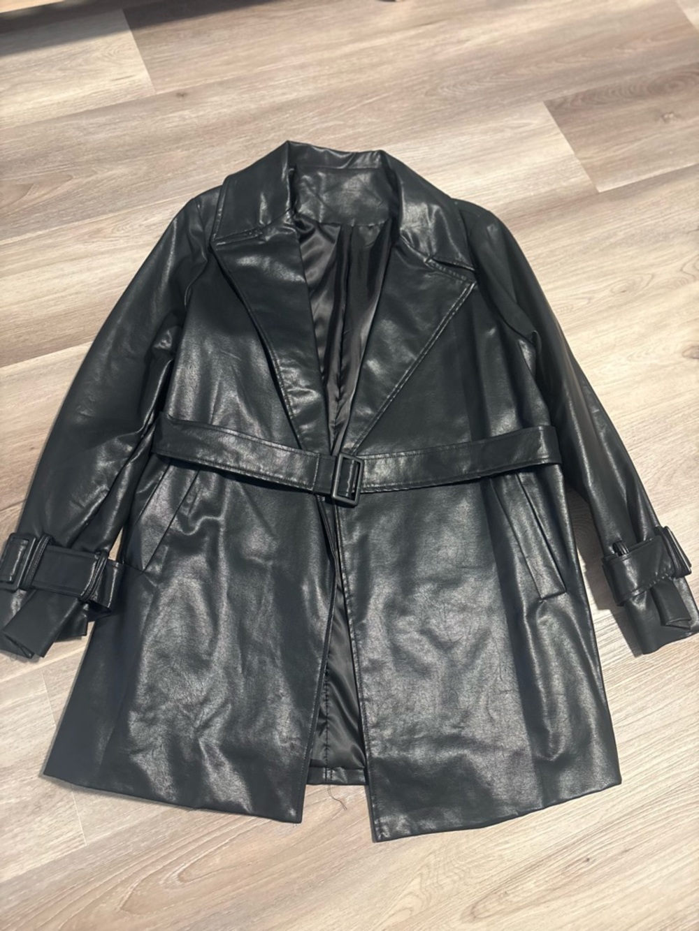 SHEIN Black Faux Leather Belted Trench Coat